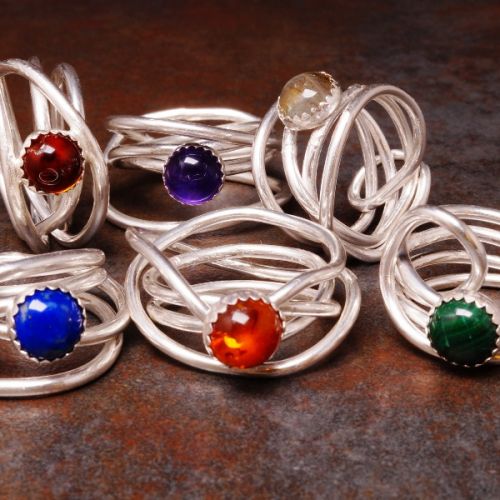 Handmade sterling silver bezel set healing crystal amethyst, amber, malachite, lapis lazuli and labradorite chaos rings